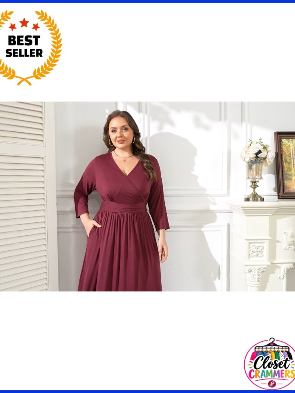 Plus Size Wrap V Neck 3/4 Sleeve Maxi A-Line Dress with Pockets - Picture 5 of 6